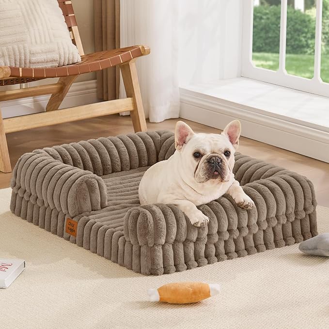 ChiXnuggle Rectangular Orthopedic Dog Bed for Medium Dogs, Waterproof Washable Faux Rabbit Fur Dog Couch with Egg Crate Foam Support, Bolster Pet Sofa with Non-Slip Bottom, 30x24x7, Taupe