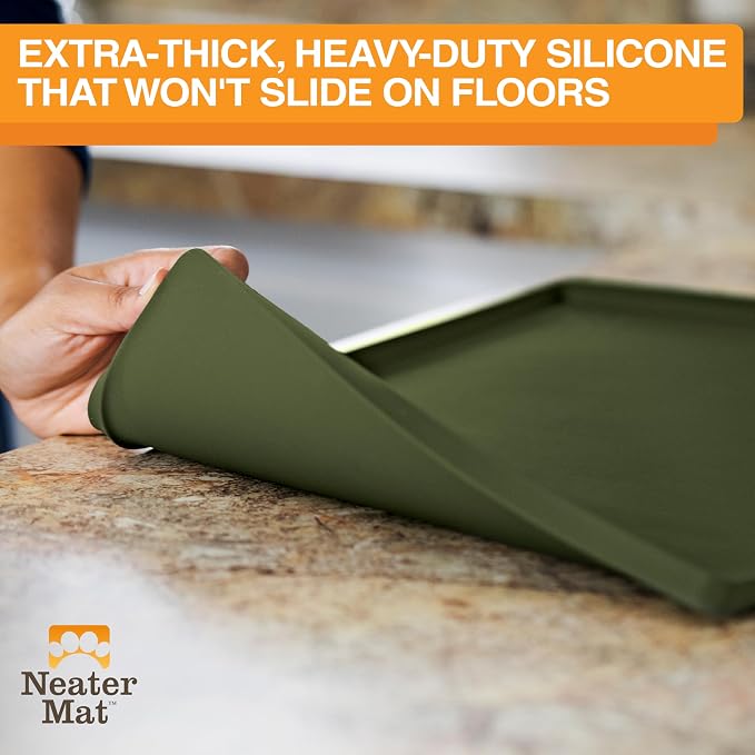 Neater Pet Brands Neater Mat Pet Mats for Food and Water, Cat & Dog Bowl Mat Waterproof Silicone, Feeding Tray, Dog Food Mats for Floors, Placemat w/Raised Edge for Under Bowls, 24" x 16", Olive