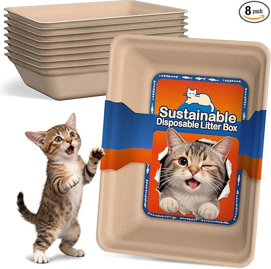 8-Pack Disposable Cat Litter Boxes: Leak-Proof & Odor-Control Cat Trays | 17.5''x13.6'' Eco-Friendly Easy Disposal Litter Box for Travel Indoor or Emergency Use Standalone or as Liner No Scrubbing