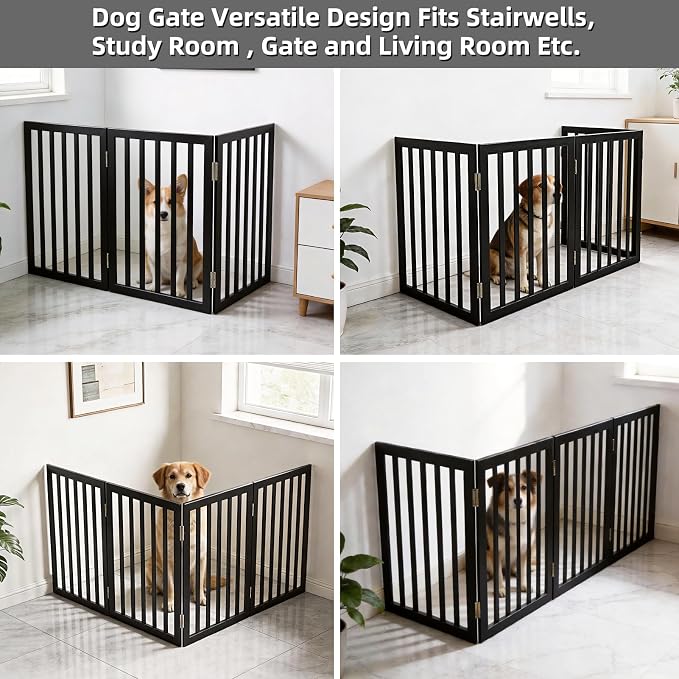 Dog Gate Indoor, Freestanding Dog Fence for The House, Doorways, Hallways,or Stairs,Pet Gate Foldable Wooden,Expandable 24" Height 3 Panels,Black