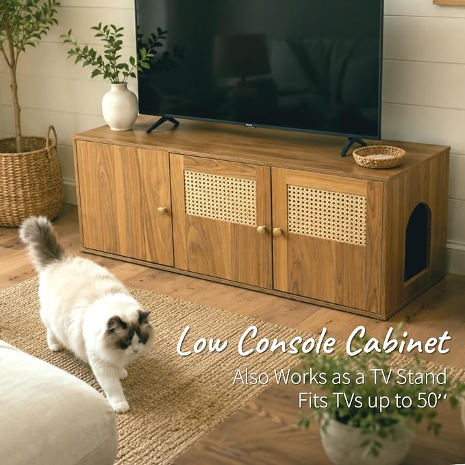Cat Litter Box Enclosure Furniture with Storage, Hidden Litter Box Cabinet 42.5"L x 18.5"W x 16.9"H, Double as Cat House TV Stand End Table for Living Room, Midcentury Modern Style (Oak, Rattan Doors)