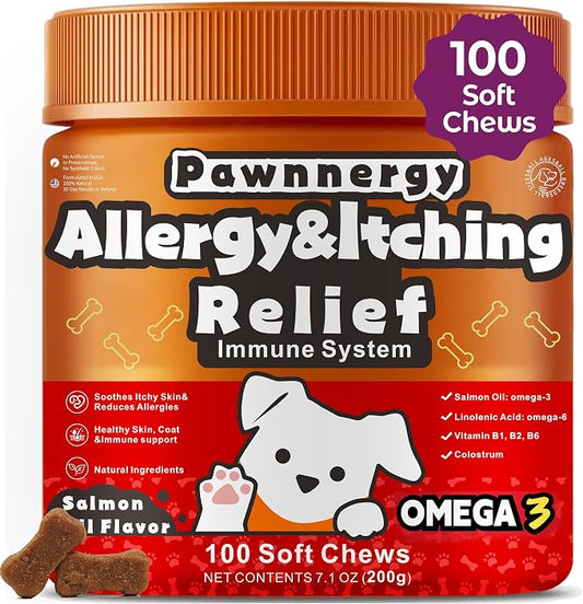Dog Allergy Chews, Itch Relief Chews, Salmon Oil Omega-3/6, Probiotics | Vet-Recommended, Soft Chews, Vitamin B1/B2/B6, Hot Spots/Paw Licking Relief, Colostrum Probiotics, 100ct