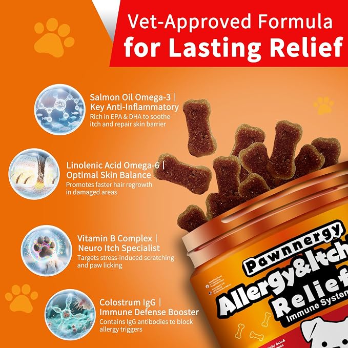 Dog Allergy & Itch Relief Chews - Salmon Oil Omega-3, Omega-6, Vitamin B1/B2/B6, Colostrum Probiotics Supplement for Seasonal Allergy, Hot Spots, Paw Licking, Scratching, 200 Soft Chews