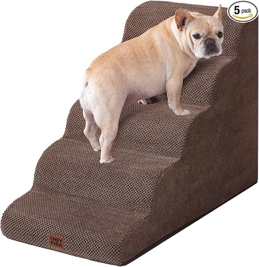 EHEYCIGA Curved Dog Stairs Ramp for High Beds, 5-Step Extra Wide Dog Steps for Small Dogs and Cats, Pet Stairs for High Bed Climbing, Non-Slip Balanced Pet Step Indoor, Brown