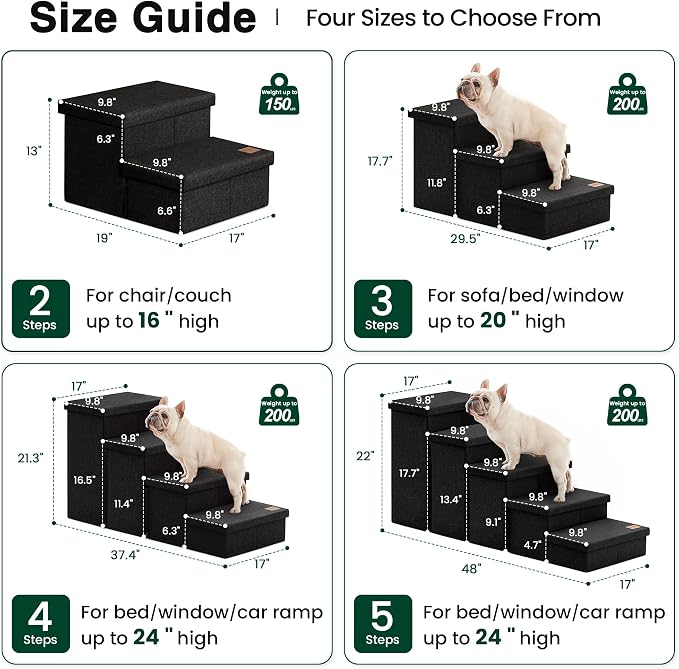 Love's cabin Dog Stairs with Storage, 3 Steps Wider Dog Steps for High Bed 18" H, Foldable Pet Stairs for Small Medium Large Dogs Cats for Bed Couch Car, Ramp with Zip up to 200 lbs, Black