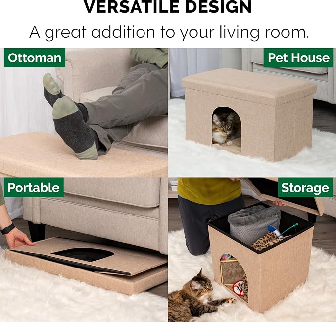 Furhaven Pet House for Indoor Cats & Medium/Small Dogs, Collapsible & Foldable w/Plush Ball Toy - Living Room Ottoman Cat Condo - Sand, Large