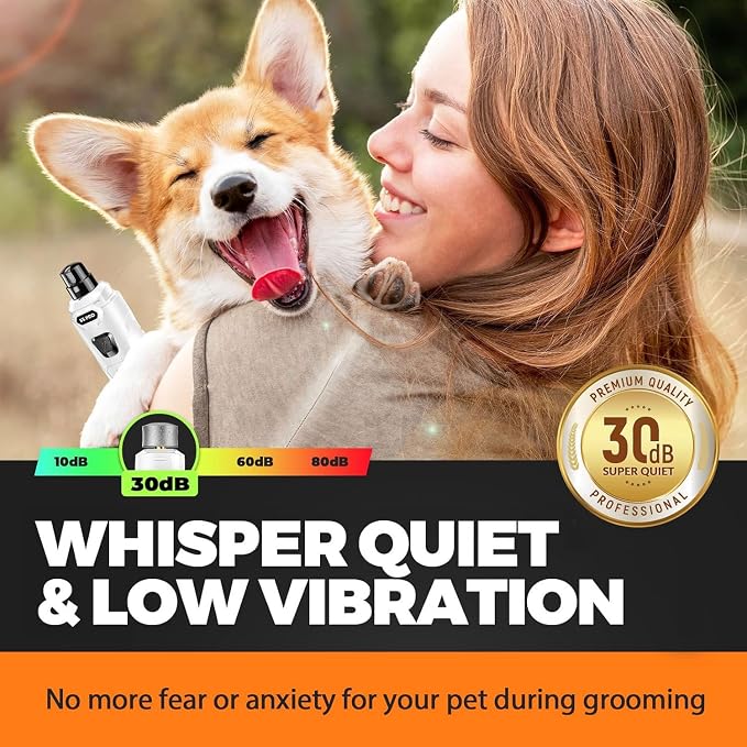 Whisper Quiet Dog Nail Grinder with 4 LED Lights, Safe & Stress-Free for Sensitive Dogs of All Breeds & Sizes, 3 Grinding Bits, 3-Speed, Pet Nail Trimmers, Rechargeable Painless Grooming Kit White