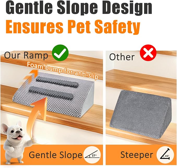 Dog Ramp for Stairs with Anti-Slip Bump for Small & Senior Dogs and Cats – Stair Wedges for Dogs with Gentle Slope, Pet Ramp with Washable Cover & Self-Sticky Pads for Safe Climbing (Gray, 1 Pack)