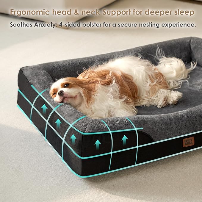 EHEYCIGA Orthopedic XXL Dog Bed for Large Sized Dog, 52x41 Inch Extra Large Memory Foam Dog Couch Bed with Sides, Waterproof Liner & Washable Removable Cover, Bolster Pet Sofa, Grey/Black