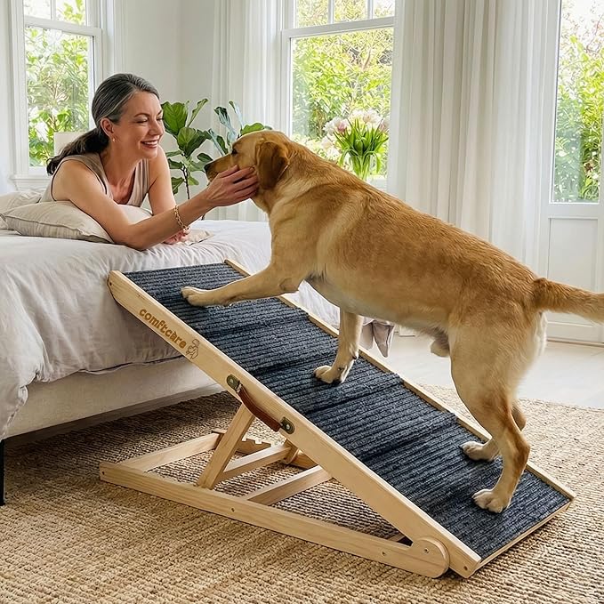 Dog Ramp for Bed, Easy Access Pet Ramp for Large Dogs, Sturdy Wood Design with Non-Slip Surface, Adjustable & Foldable for Bed & Couch, Supports up to 200 lbs