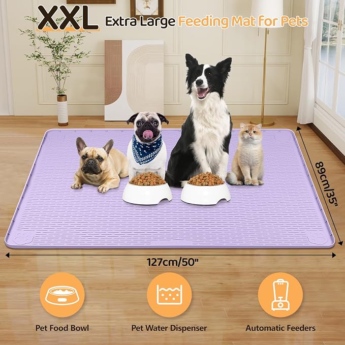 Dog Food Mat, Extra Large 50" x 35" Silicone Pet Feeding Mat with Raised Edge Pet Placemat for Small, Medium, and Large Pets Non-Slip, Easy to Clean (Purple)