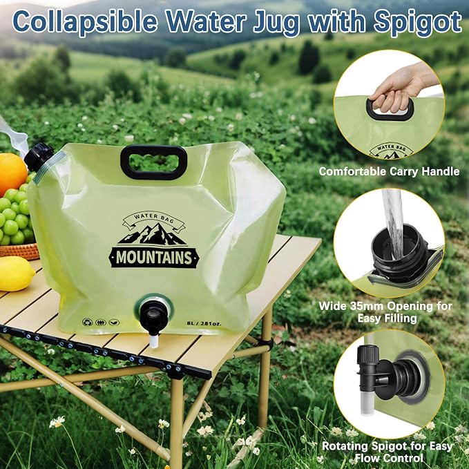 Water Jug Camping 2.1 Gallon Collapsible with Spigot, BPA Free Portable Water Pouch Foldable Water Bags for Outdoor Hiking, Travel and Emergency & Water Storage Containers (Green-2Pcs)