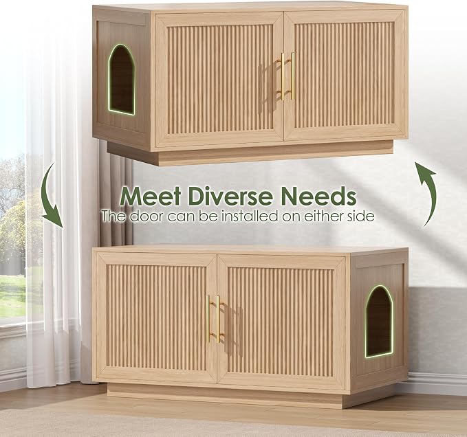 Fluted Cat Litter Box Enclosure, 31.5" Hidden Litter Box Furniture Cabinet with Double Doors, Reversible Entrance Left or Right Side, Indoor Cat House, Modern End Table for Living Room, Oak