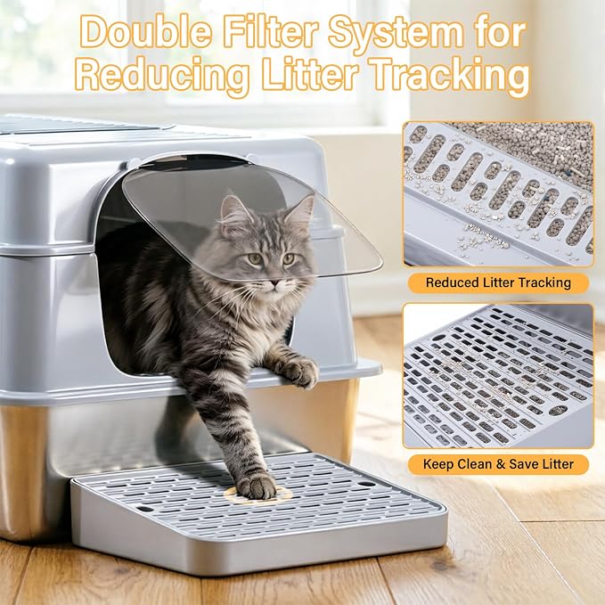 XXXL Stainless Steel Litter Box with Lid,Extra Large Enclosed Metal Cat Litter Box for Big Cats, Multiple Cats,Odor Control,Anti-Leakage, Includes Scoop & Pedal,27.75 x 19.75x 15.7 inches