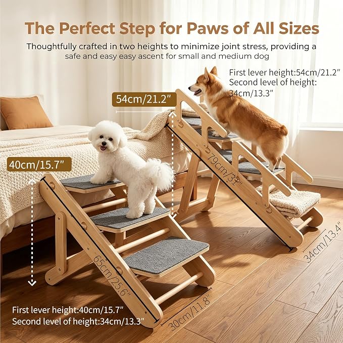 2 in 1 Compact Dog Stairs & Ramp for Small Dogs, Dachshunds & Old Cats, Sturdy Wooden Foldable Adjustable Pet Steps with Non-Slip Mat for Bed Couch Car Travel