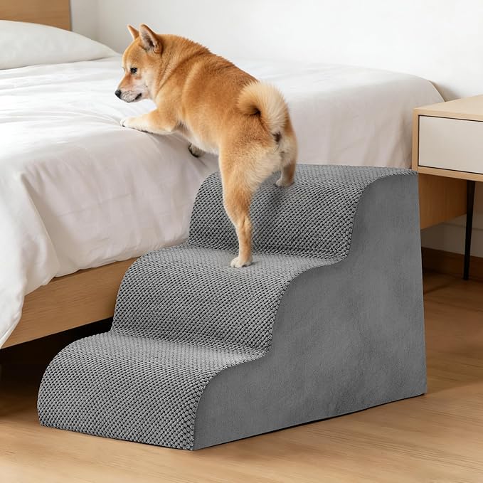 3-Step Dog Stairs for Small Dogs and Cats, 16" H Dog Steps for Couch, Sofa, Chair, Durable Non-Slip Sturdy Pet Steps, Pet Ramp for High Bed Indoor, Grey