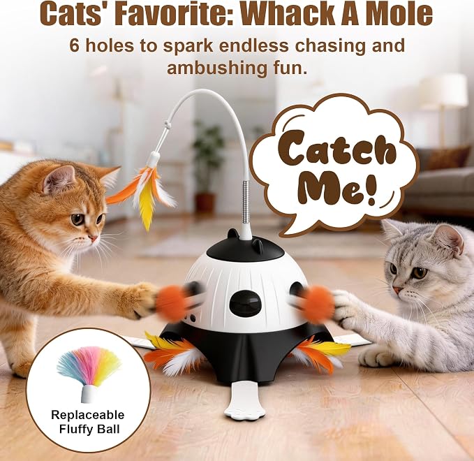 Casfuy 3-in-1 Interactive Cat Toy with Plush Tail, Whack-a-Mole & Rotating Feather Wand