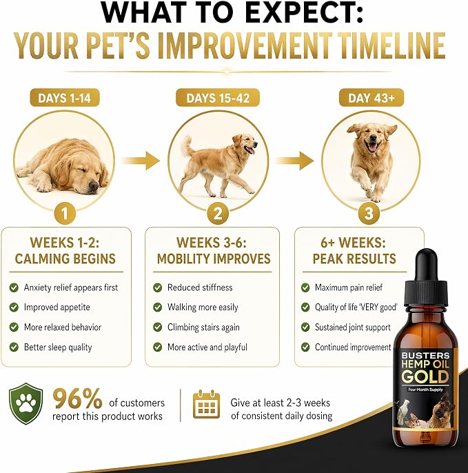 Buster's Gold Organic Hemp Oil for Dogs and Cats, 2 Large 60ml Bottles 4 Month Supply, Made in USA - Miracle Formula, Perfectly Balanced Omega 3, 6, 9 - Joint Relief, Calming (2-Pack)