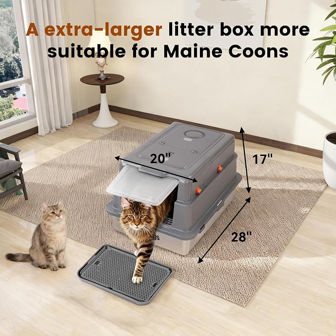 XXXXL Stainless Steel Litter Box, 28" L x 20" W x 17" H Extra Large Cat Litter Box for Maine Cat, Enclosed Metal Litter Boxes for Big Cat, Suitable Multi-Cats Families, High Sides