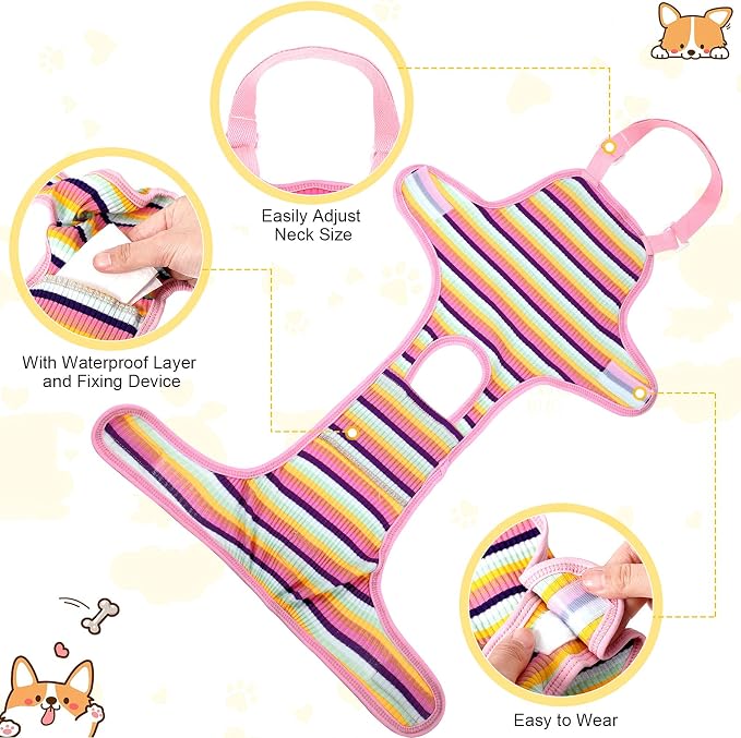 Nuanchu 3 Pcs Female Dog Diaper Sanitary Panties with Adjustable Suspender, Washable Reusable Doggie Diapers for Small Medium Large Dog in Heat Period Menstrual Pet Cats Ducks(Rainbow Pattern,S)