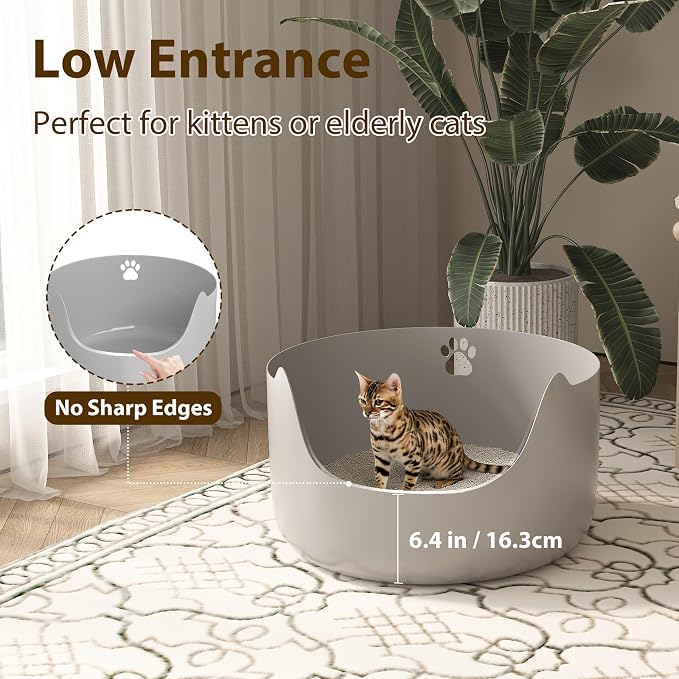 High Sides Low Entry Large Litter Pan (21.6x21.6x13.1 Inches), All-in-One Easy to Clean Plastic Litter Box for Kittens, Elderly & Large Cats, Doubles as Stylish Cat Bed, Grey