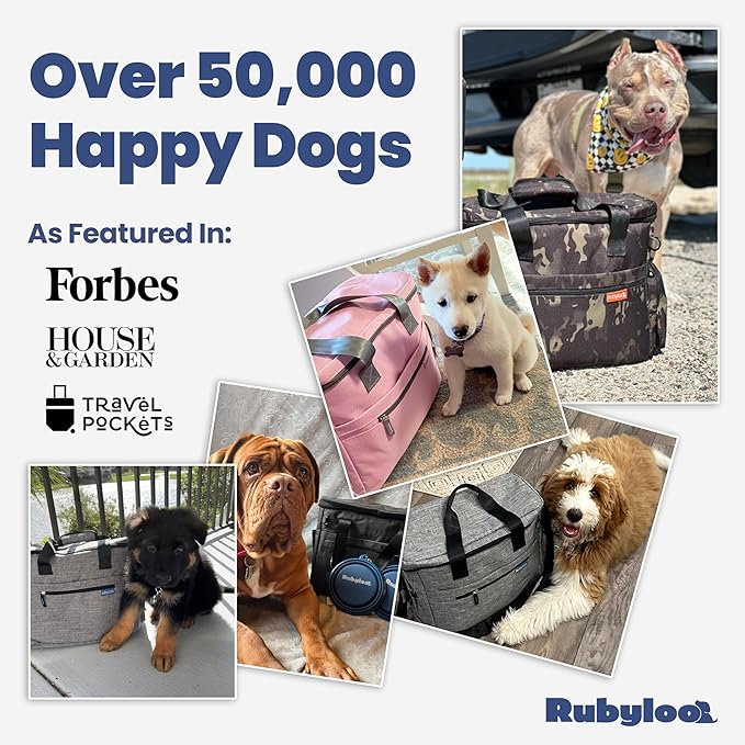Rubyloo Original Doggy Bag (Charcoal) & 32oz Insulated Water Bottle with Attached 8oz Bowl (Rescued is My Favorite Breed) – Dog Travel Bag & Hydration Set