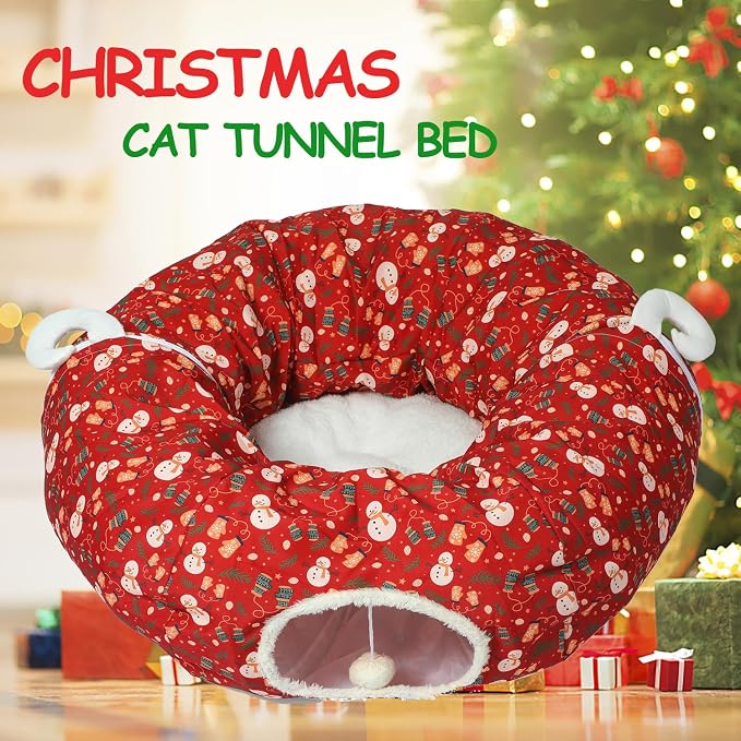 Cat Tunnel Bed in 3FT x 3FT x 9.8IN - Decorative Christmas Style with Snowman and Glove Patterns - Red Color Perfect for Festive Felines