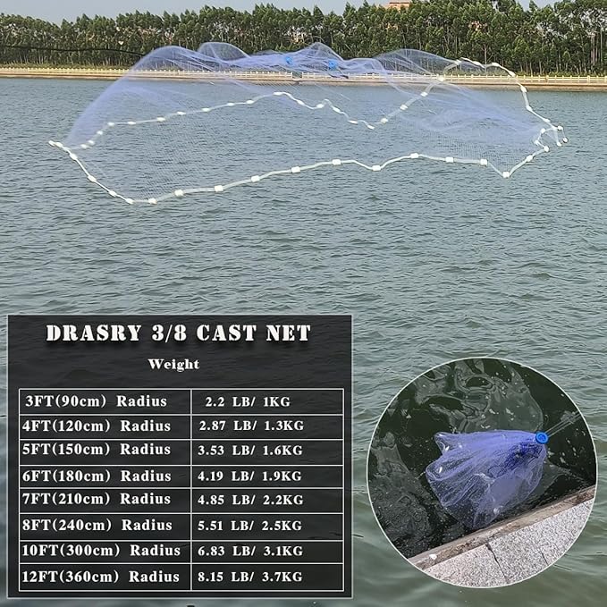 Drasry Saltwater Fishing Cast Net 3/8 and 1/4 Mesh with Heavy Duty Gray Sinker American Monofilament Fish Throw Net for Bait Trap 3FT 4FT 5FT 6FT 7FT 8FT 9FT Radius