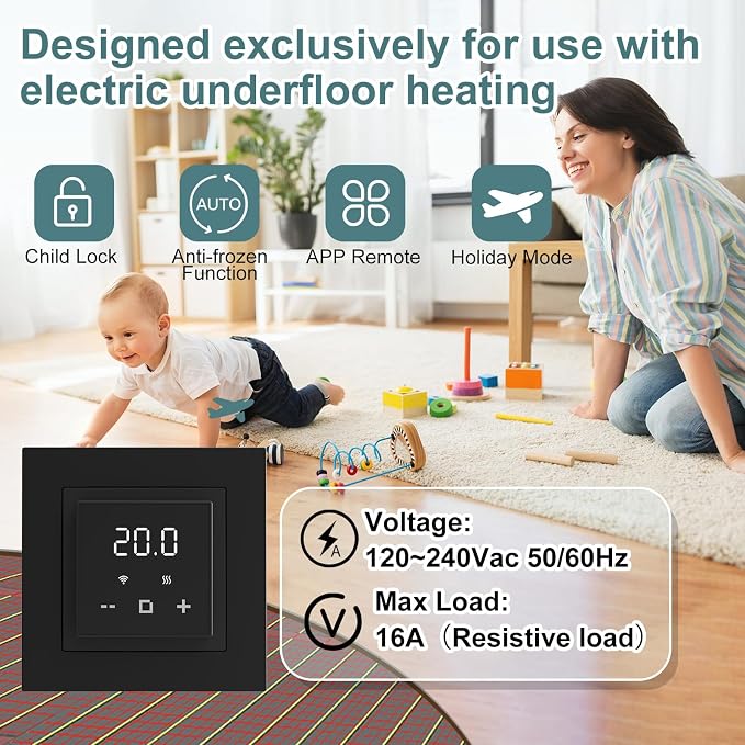 HEATIT Programmable Thermostat, WiFi Smart Thermostat for Electric Radiant Floor Heating with Touchscreen, 120V-240V Wide Voltage Range, Dual Sensing, Black