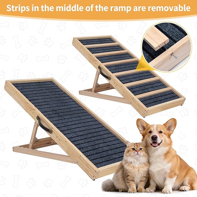Adjustable Wooden Dog Ramp for Bed and Couch - 39" Folding Pet Ramp with 4 Heights and Non-Slip Safety Rails for 132lbs Small, Medium, and Senior Dogs
