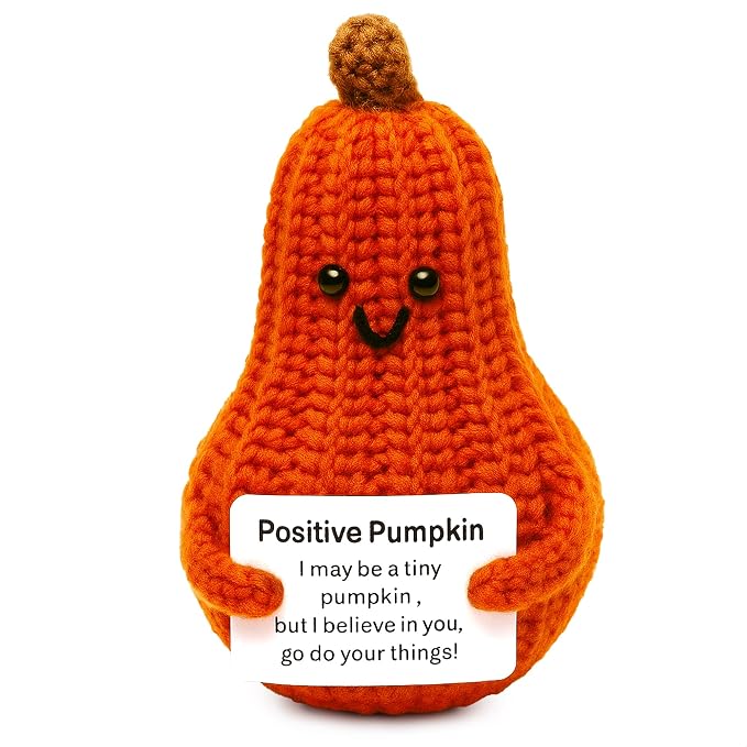 Reluen Positive Affirmation Pumpkin Crochet Dolls - Valentines Day Gifts Knitted Toys Home Office Decor Mini Dolls for Women - Positive Affirmation Gifts Desk Decorations Crochet Gifts, Orange