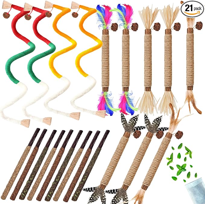Cat Toys for Indoor Cats 21pcs Kitten Chew Self Play Kitty Dental Rope Interactive Catnip Toy Refillable Matatabi Treats for Cleaning Teeth Lickable Silvervine Feather Sticks