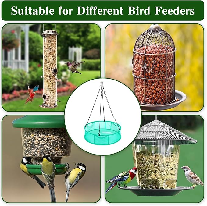 2 Pcs Bird Seed Catcher Trays, 16 Inch Green Spill Guard Platform for Hanging Feeders, Windproof Mesh Seed Hoop with Hooks, Outdoor Feeder Accessory