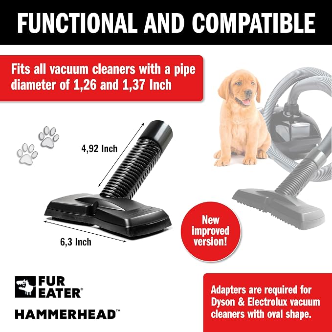 Hammerhead Pet Hair Remover Vacuum Attachment, Wide Rubber Brush for Dog & Cat Hair, Fits 1-1/4, 1-3/8 & 1-1/2 in Round Hoses, for Couch, Car, Carpet & Upholstery