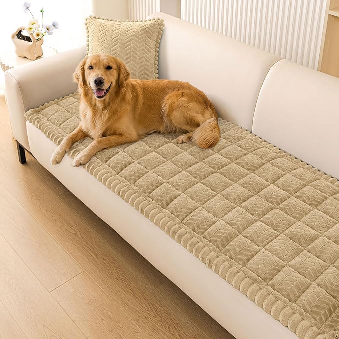 Smiry Couch Cover for Dogs, Non Slip Fuzzy Pet Sofa Covers Washable for 3 Cushion Couch, Soft Thick Furniture Protector for Cats Dogs, Against Fur, Dirt, Scratch Resistant (Khaki, 27.6"x70.9")
