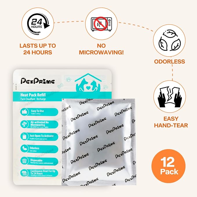 Pet Prime 12-Pack Disposable Heat Packs,24-Hour Odorless Warmth for Heartbeat Plush Toys,Soothing Comfort for Anxious Pets