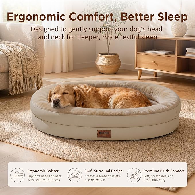 Orthopedic Dog Bed for Extra Large Dogs, XL Waterproof Dog Bed with Bolsters, Supportive Egg Crate Foam Pet Couch Bed with Removable Washable Cover & Non-Slip Bottom, Light Brown