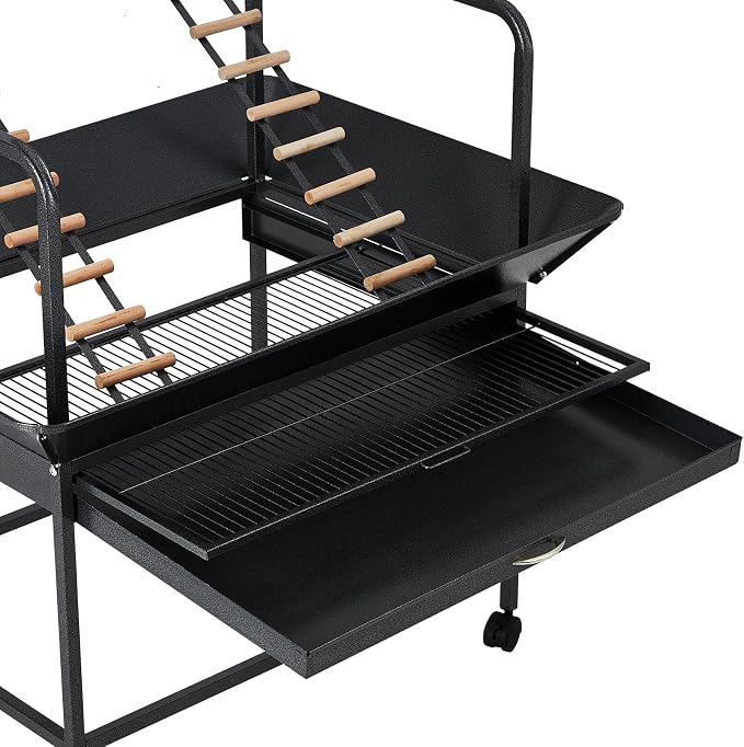 Bird Playstand, 66 in H Inch Birdcage Stand Activity Play Center with Perches and Ladders, Removable Tray, Indoor Outdoor Playground for Parakeet, Cockatiels Conures Parrots, Lockable Caster, Black