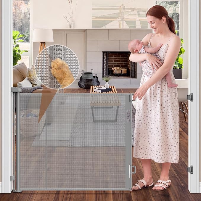 GRENFU Reinforced Retractable Baby Gates for Doorways, Retractable Gate with Support Rods to Prevent Crawling Through, Extends to 59" Wide 33" Tall, 5 FT Retractable Dog Gate for Indoor/Outdoor, Gray