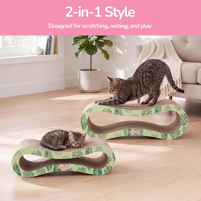 Suvi 26" Modern Cardboard Infinity 2-in-1 Lounge Bed Cat Scratcher with Catnip, Green Leaf, Corrugated Scratching Surface and Tunnel for Indoor Cats CSR1014I