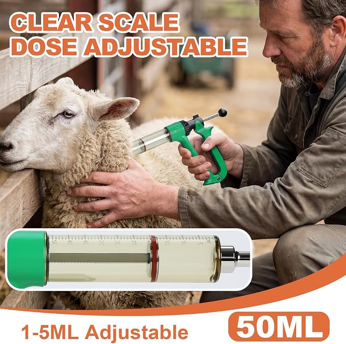 50ml Semi-Auto Repeating Livestock Syringe Gun, 5 Dose Settings | Ergonomic Grip, Clear Barrel & Luer Lock, Vet Injector for Cattle, Horses, Goats, Sheep & Pigs
