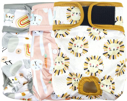 Langsprit Washable Female Dog Diapers (3 Pack) - No Leak Reusable Diapers for Doggy Female in Period - Highly Absorbent Dog Heat Panties with Adjustable Snaps (Rabbit, Owl, Lion, XX-Large)