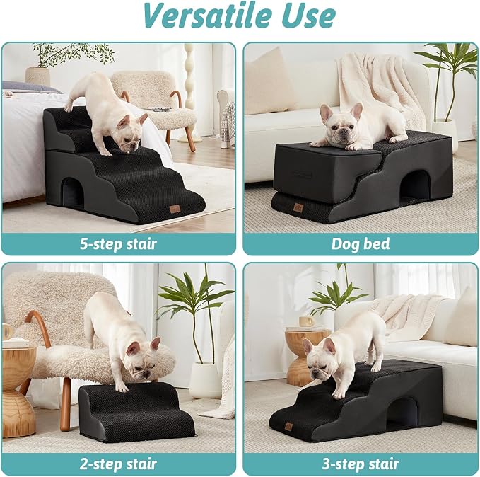 COZY KISS Extra Wide Dog Stairs with Tunnel, Detachable Large Pet Step for Small Medium Dog, Puppy or Cat, Ramp for High Bed, Couch, Sofa or Car, Stable, 19.7x33x22.4 inch, 5 Step, Black