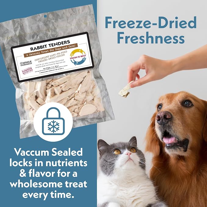 Fresh Is Best Rabbit Tenders Freeze Dried Dog Treats – Raw Freeze Dried Rabbit Dog Treats for Cats & Canines in Resealable Zipper Bag – High-Protein Single Ingredient – Made in the USA
