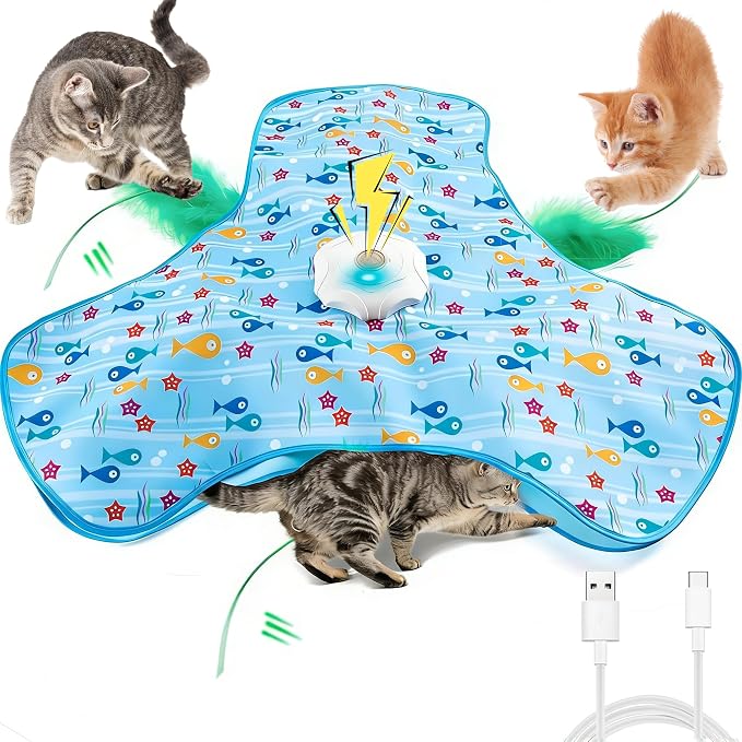 Interactive Cat Toy, Automatic Activated Hide and Seek Toys for Indoor Cats, with Moving Feathers, Switchable Mouse Sounds, Rechargeable