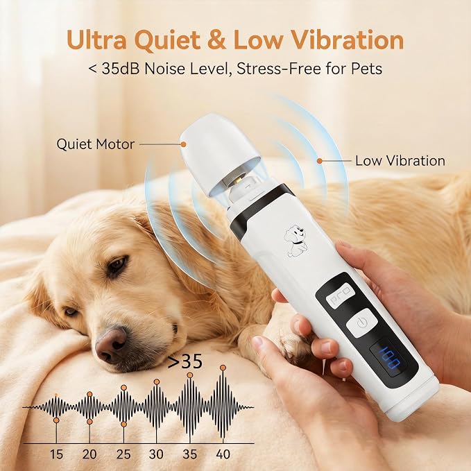 silent paws Dog Nail Grinder, 2-Speed Quiet Dog Nail Trimmer with Light | LCD Screen with Visible Battery Level，Pet Pro Grooming Tool for Small to Large Dogs & Cats