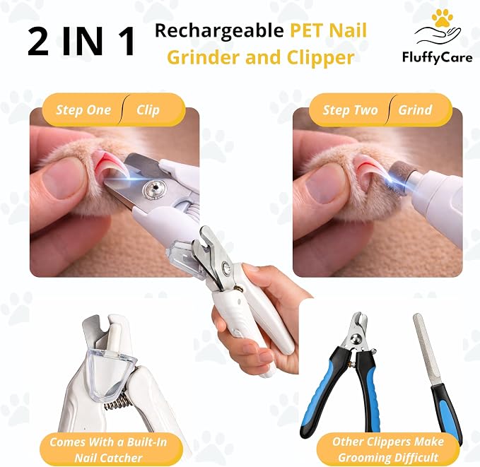2-in-1 Dog Nail Clippers & Cat Nail Clipper with 2 LED Lights, USB Rechargeable with Safety Guard, Low Noise Grooming Tool for Small, Medium, and Large Dog & Cat Nail Trimmer(White)