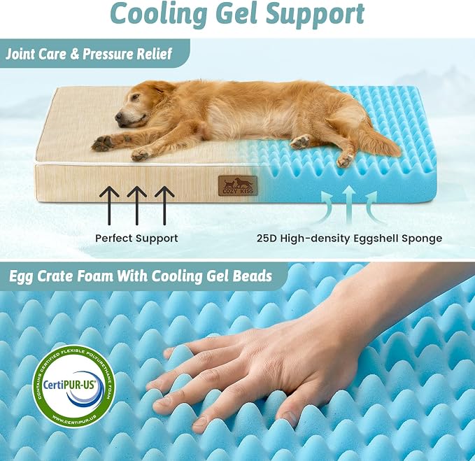 COZY KISS Large Cooling Orthopedic Dog Bed, Waterproof Egg Crate Foam Pet Bed with Removable Washable Cover, 44x32x4in,Beige