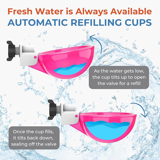 Lil'Clucker - Large Automatic Chicken Waterer Cups Suitable for Ducks, Geese, Turkeys, and Bunny Rabbit - Water Feeder Kit - Poultry Waterer (Pink, 8 Pack)