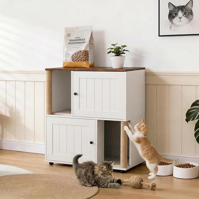 Cat Litter Box Enclosure, Two-Story Wooden Hidden Litter Box Furniture with Scratching Post, Multi-Level Cat Washroom Cabinet for 2 Cats, Reinforced Wood Frame & Ventilated Design for Small Apartment